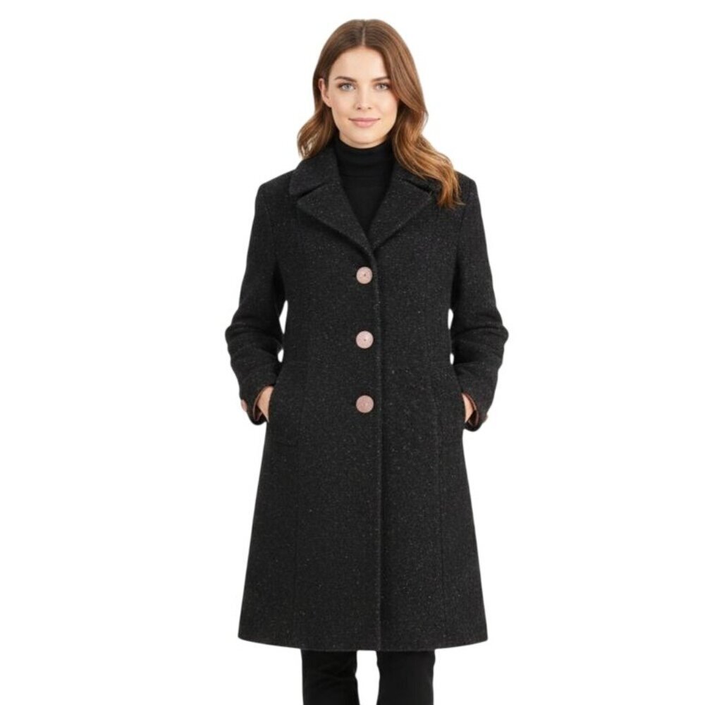 Cole Haan Black Wool Blend Tweed Coat W/ Pink Accents Button Details Size 10